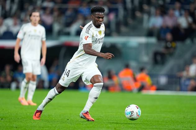 October 4, 2025, Madrid, Madrid, Spain: Aurelien Tchouameni of Real Madrid CF in action during the Spanish League, LaLiga EA Sports, football match played between Real Madrid and Villarreal CF at Santiago Bernabeu stadium on October 04, 2025, in Madrid, Spain. Madrid Spain - ZUMAa181 20251004_zaa_a181_353 Copyright: xDennisxAgyemanx