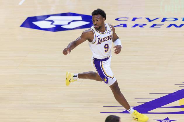 October 12, 2025, Los Angeles, California, USA: Bronny James 9 of the Los Angeles Lakers during their preseason NBA, Basketball Herren, USA game against the Golden State Warriors on Sunday October 12, 2025 at Crypto.com Arena in Los Angeles, California. Lakers defeat Warriors, 126-116. JAVIER ROJAS PI Los Angeles USA - ZUMAp124 20251012_zaa_p124_154 Copyright: xJavierxRojasx
