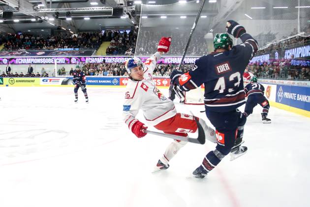 Ice hockey, Eishockey - CHL, EC RBS vs Berlin SALZBURG,AUSTRIA,15.OCT.25 - ICE HOCKEY - CHL, Champions Hockey League, group stage, EC Red Bull Salzburg vs Eisbaeren Berlin. Image shows Luca Auer (EC RBS) and Andreas Eder (Berlin). GEPAxpictures xMathiasxMandl