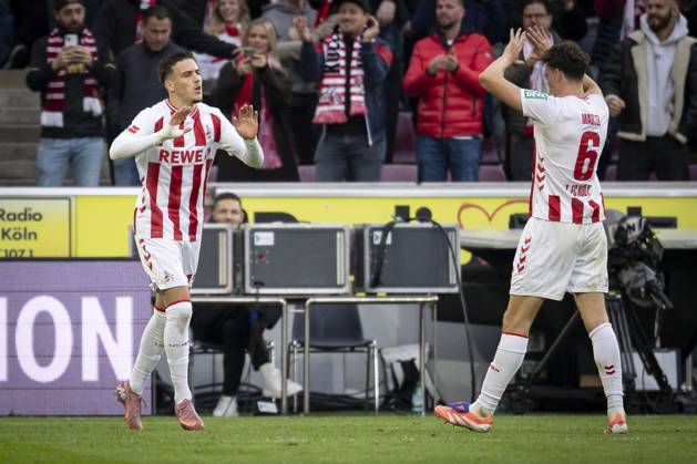 KOELN, GERMANY - OCTOBER 18: Said el Mala (1. FC Koeln, 13) is celebrating with Eric Martel (1. FC Koeln, 6) after his 1:1 goal during the Bundesliga match between 1. FC Koeln vs. FC Augsburg at the Rheinenergie-Stadion on matchday 7 of the 1. Bundesliga on October 18, 2025 in Koeln, Germany. DFL REGULATIONS PROHIBIT ANY USE OF PHOTOGRAPHS AS IMAGE SEQUENCES AND OR QUASI-VIDEO. Nordrhein-Westfalen Germany Copyright: xBEAUTIFULxSPORTS AxelxKohringx