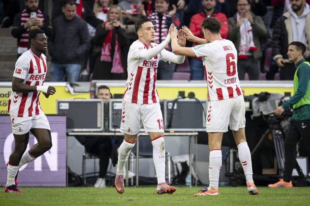KOELN, GERMANY - OCTOBER 18: Said el Mala (1. FC Koeln, 13) is celebrating Eric Martel (1. FC Koeln, 6) after his 1:1 goal during the Bundesliga match between 1. FC Koeln vs. FC Augsburg at the Rheinenergie-Stadion on matchday 7 of the 1. Bundesliga on October 18, 2025 in Koeln, Germany. DFL REGULATIONS PROHIBIT ANY USE OF PHOTOGRAPHS AS IMAGE SEQUENCES AND OR QUASI-VIDEO. Nordrhein-Westfalen Germany Copyright: xBEAUTIFULxSPORTS AxelxKohringx
