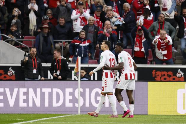 KOELN, GERMANY - OCTOBER 18: Said el Mala (1. FC Koeln, 13) celebrates his goal with the fans and Ragnar Ache (1. FC Koeln, 9) during the Bundesliga match between 1. FC Koeln vs. FC Augsburg at the Rheinenergie-Stadion on matchday 7 of the 1. Bundesliga on October 18, 2025 in Koeln, Germany. DFL REGULATIONS PROHIBIT ANY USE OF PHOTOGRAPHS AS IMAGE SEQUENCES AND OR QUASI-VIDEO. Nordrhein-Westfalen Germany Copyright: xBEAUTIFULxSPORTS AxelxKohringx