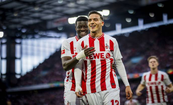 Cologne, Germany. 18th Oct 2025. . Torjubel: Said El Mala (Köln) Ragnar Ache (Köln) 1. FC Köln - FC Augsburg 18.10.2025