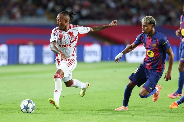 October 21, 2025, Barcelona, Barcelona, SPAIN: Gelson Martins of Olympiacos FC and Lamine Yamal of FC Barcelona, Barca in action during the UEFA Champions League 2025 26 League Phase MD3 match between FC Barcelona and Olympiacos FC at Estadi Olimpic Lluis Companys on October 21, 2025 in Barcelona, Spain. Barcelona SPAIN - ZUMAa181 20251021_zaa_a181_213 Copyright: xIrinaxR.xHipolitox