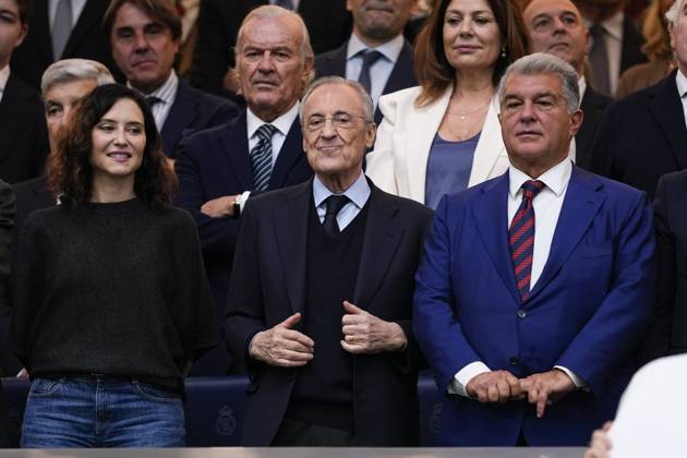 October 26, 2025, Madrid, Madrid, Spain: Florentino Perez, President of Real Madrid, Joan Laporta, President of FC Barcelona, Barca and Isabel Diaz Ayuso, President of the Community of Madrid during the Spanish League, LaLiga EA Sports, football match played between Real Madrid C.F. and FC Barcelona at Santiago Bernabeu stadium on October 26, 2025, in Madrid, Spain. Madrid Spain - ZUMAa181 20251026_zaa_a181_223 Copyright: xOscarxJ.xBarrosox