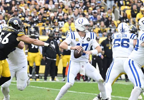 Indianapolis Colts quarterback Daniel Jones (17) steps back to throw in the first quarter against the Pittsburgh Steelers at Acrisure Stadium Sunday, November 2025 in Pittsburgh. PIT2025110204 ARCHIExCARPENTER