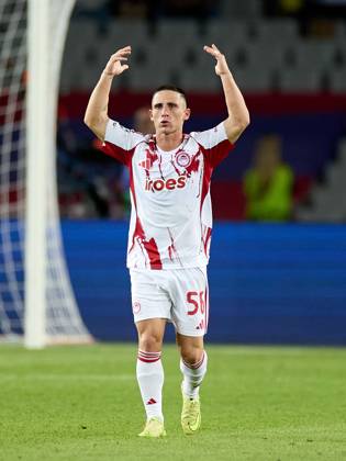 October 21, 2025, Barcelona, Barcelona, Spain: Daniel Podence of Olympiacos celebrates a goal during the UEFA Champions League match between FC Barcelona, Barca v Olympiakos Piraeus at the Lluis Companys Olympic Stadium on October 21, 2025 in Barcelona Spain. Barcelona Spain - ZUMAr232 20251021_zsp_r232_128 Copyright: xDavidxRamirezx