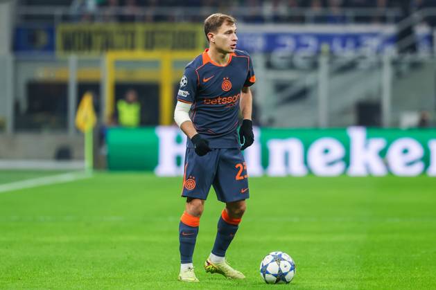 Nicolo Barella of FC Internazionale seen in action during UEFA Champions League 2025 26 League Phase - Matchday 4 football match between FC Internazionale and FC Kairat Almaty at San Siro Stadium in Milan Italy on 05 November 2025. Milan Stadio Giuseppe Meazza Milan Italy Copyright: xEPhotopressx SP24-1283-046