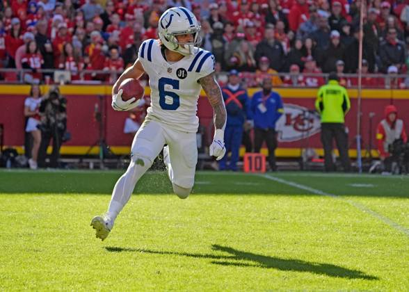 Indianapolis Colts wide receiver Anthony Gould (6) returns a punt against the Chiefs at Arrowhead Stadium in Kansas City, Missouri on Sunday, November 23, 2025.  KCP2025112330 JONxROBICHAUD