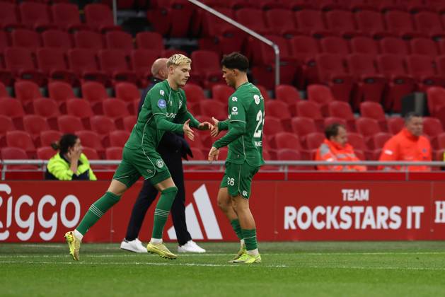 AMSTERDAM , 02-12-2025 , JohanCruyff Arena , season 2025 2026 , Dutch Eredivisie Football , match between Ajax and FC Groningen (replay) , Picture shows , FC Groningen player David van der Werff, FC Groningen player Thom van Bergen Ajax - Groningen (replay) x32313173x Copyright: