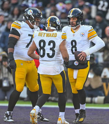 Pittsburgh Steelers quarterback Aaron Rodgers (8) celebrates with tight end Connor Heyward (83) after a one yard keep play and a touchdown against the Baltimore Ravens during the first quarter at M&T Bank Stadium in Baltimore, Maryland, on Sunday, December 7 2025.  BAL20251207121 DAVIDxTULIS