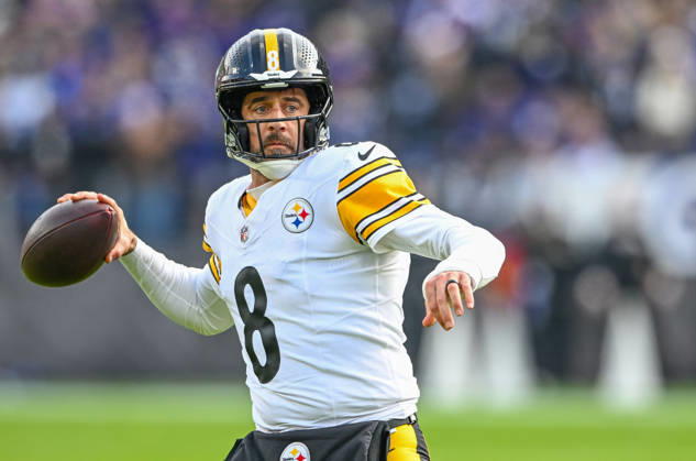 Pittsburgh Steelers quarterback Aaron Rodgers (8) throws downfield against the Baltimore Ravens during the first quarter at M&T Bank Stadium in Baltimore, Maryland, on Sunday, December 7 2025.  BAL20251207133 DAVIDxTULIS