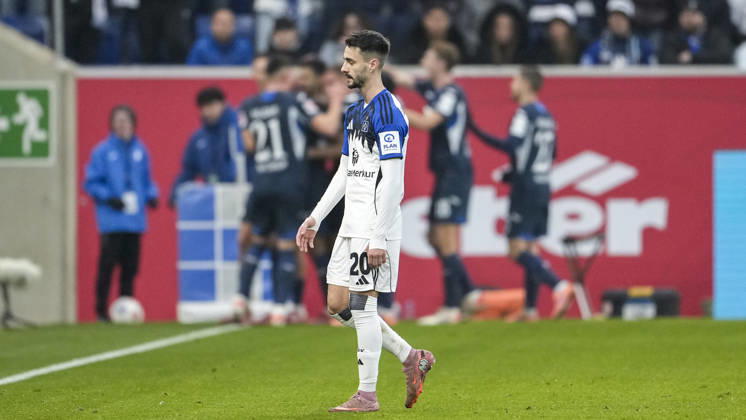 Fabio Vieira (HSV, 20), Spieler vom Hamburger SV (HSV), enttäuscht schauend, Enttäuschung, Frustration, disappointed, pessimistisch, nach dem Gegentor zum 2:0, Action, Aktion, Spielszene, 13.12.2025, Sinsheim (Deutschland), Fussball, Bundesliga, TSG 1899 Hoffenheim - Hamburger SV, DFB DFL REGULATIONS PROHIBIT ANY USE OF PHOTOGRAPHS AS IMAGE SEQUENCES AND OR QUASI-VIDEO.