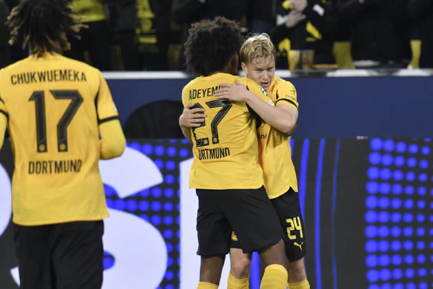 Daniel Svensson (Dortmund 24) jubelt nach dem Tor zum 1:0 mit Karim Adeyemi (Dortmund 27) 01.10.2025 Fussball, Champions League, Borussia Dortmund vs Athletic Club de Bilbao, Signal Iduna Park, Dortmund,
