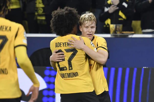 Daniel Svensson (Dortmund 24) jubelt nach dem Tor zum 1:0 mit Karim Adeyemi (Dortmund 27) 01.10.2025 Fussball, Champions League, Borussia Dortmund vs Athletic Club de Bilbao, Signal Iduna Park, Dortmund,