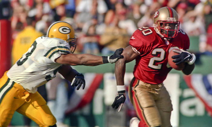 January 3, 1999 - San Francisco, California, U.S - San Francisco 49ers vs. Green Bay Packers Candlestick Park Sunday, January 3, 1999. 49ers beat Packers 30-27. Green Bay Packers linebacker George Koonce (53) tracks down San Francisco 49ers running back Garrison Hearst Copyright: xAlxGolubx