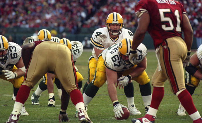 January 3, 1999 - San Francisco, California, U.S - San Francisco 49ers vs. Green Bay Packers Candlestick Park Sunday, January 3, 1999. 49ers beat Packers 30-27. Green Bay Packers quarterback Brett Favre (4) over center Jeff Dellenbach Copyright: xAlxGolubx
