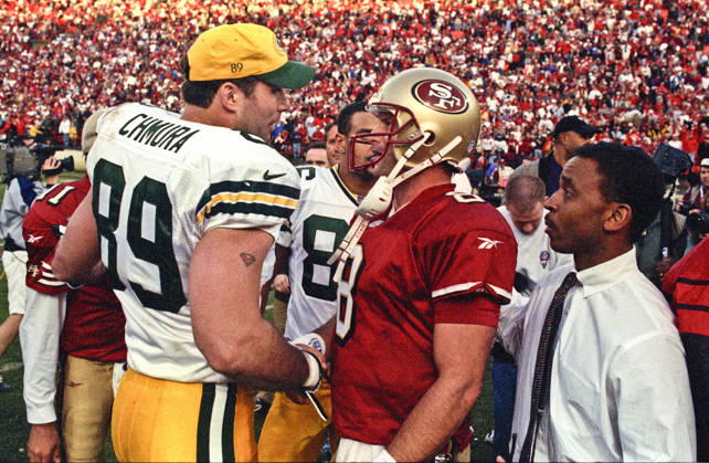 January 3, 1999 - San Francisco, California, U.S - San Francisco 49ers vs. Green Bay Packers Candlestick Park Sunday, January 3, 1999. 49ers beat Packers 30-27. Green Bay Packers tight end Mark Chmura (89) and San Francisco 49ers quarterback Steve Young (8) talk after game. Copyright: xAlxGolubx
