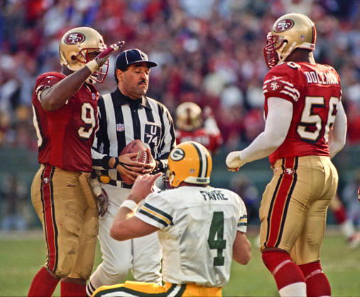 January 3, 1999 - San Francisco, California, U.S - San Francisco 49ers vs. Green Bay Packers Candlestick Park Sunday, January 3, 1999. 49ers beat Packers 30-27. San Francisco 49ers linebacker Chris Doleman (56) celebrates sacking Green Bay Packers quarterback Brett Favre Copyright: xAlxGolubx
