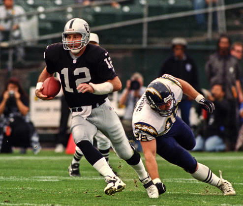November 14, 1999 - Oakland, California, U.S - Oakland Raiders vs. San Diego Chargers at Oakland Alameda County Coliseum Sunday, November 14, 1999. Raiders beat Chargers 28-9. San Diego Chargers defensive tackle Mike Mohring (98) and Oakland Raiders quarterback Rich Gannon Copyright: xAlxGolubx