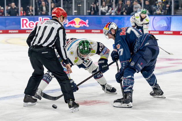 Linesperson David Tschirner fuehrt ein Bully Faceoff aus zwischen Leonhard Pfoederl (Eisbaeren Berlin, 93) und Adam Brooks (EHC Red Bull Muenchen, 77) GER, EHC Red Bull Muenchen vs. Eisbaeren Berlin, Eishockey, DEL, 37. Spieltag, Saison 2025 2026, 06.01.2026. GER, EHC Red Bull Muenchen vs. Eisbaeren Berlin, Eishockey, DEL, 37. Spieltag, Saison 2025 2026, 06.01.2026. Muenchen Copyright: xEibner-Pressefoto HeikexFeinerx EP_HFR