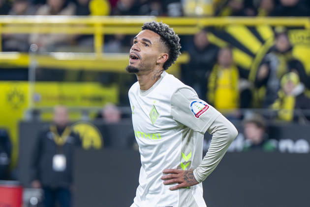 13.01.2026: Fußball: Borussia Dortmund - SV Werder Bremen, 17. Spieltag im Signal-Iduna-Park. Justin Njinmah (Werder Bremen) reagiert. WICHTIGER HINWEIS: Gemäß den Vorgaben der DFL und des DFB ist es untersagt, in dem Stadion und oder vom Spiel angefertigte Fotoaufnahmen in Form von Sequenzbildern und oder videoähnlichen Fotostrecken zu verwerten bzw. verwerten zu lassen. Copyright: xDavidxInderliedx