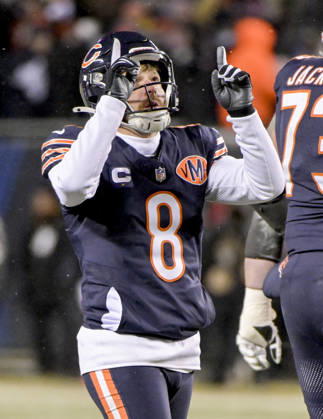 Chicago Bears place kicker Cairo Santos (8) celebrates his game tying extra point late in the fourth quarter leading to overtime play against the Los Angeles Rams during an NFL, American Football Herren, USA Divisional round playoff game at Soldier Field in Chicago on Sunday, January 18, 2026. The Rams defeated the Bears 20-17 to advance to the NFC Championship.  CHI20260118225 MARKxBLACK