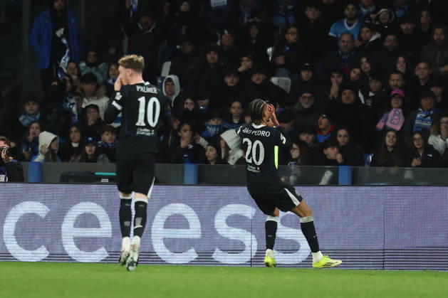 Joao Pedro of Chelsea celebrates after scoring the goal of 2-3 during the UEFA Champions League 2025 2026 football match between SSC Napoli and Chelsea FC at Diego Armando Maradona stadium in Naples (Italy), January 28th, 2026. cesarexpurini