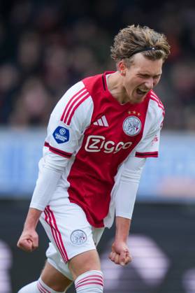 ROTTERDAM , 01-02-2026 , Stadium Woudestein , season 2025 2026 , Dutch Eredivisie football , match between Excelsior Rotterdam and Ajax , picture shows Ajax player Mika Godts celebrating the 0-1 Excelsior - Ajax x201237316x Copyright: