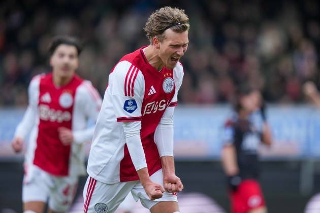 ROTTERDAM , 01-02-2026 , Stadium Woudestein , season 2025 2026 , Dutch Eredivisie football , match between Excelsior Rotterdam and Ajax , picture shows Ajax player Mika Godts celebrating the 0-1 Excelsior - Ajax x201237319x Copyright: