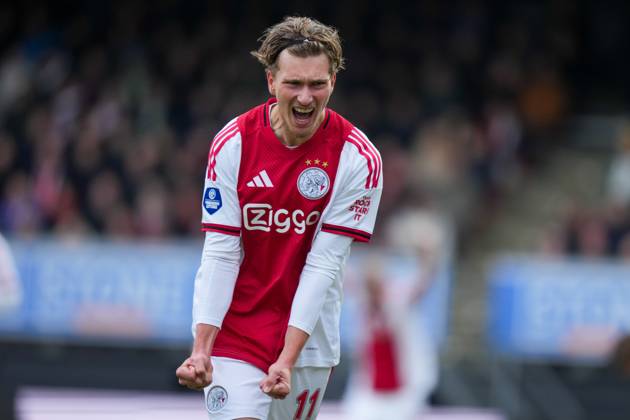 ROTTERDAM , 01-02-2026 , Stadium Woudestein , season 2025 2026 , Dutch Eredivisie football , match between Excelsior Rotterdam and Ajax , picture shows Ajax player Mika Godts celebrating the 0-1 Excelsior - Ajax x201237322x Copyright: