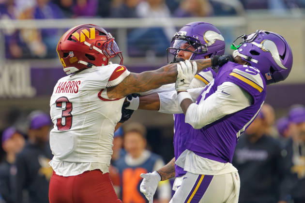 NFL, American Football Herren, USA Washington Commanders at Minnesota Vikings Washington Commanders Safety Will Harris (3) and Minnesota Vikings Wide Receiver Tai Felton (13) exchange words after punt during the NFL regular season game at US Bank Stadium in Minneapolis Minnesota on December 7, 2025. The Minnesota Vikings defeated the Washington Commanders 31-0 (Jeff Scudder Image of Minneapolis Minnesota United States EDITORIAL USE ONLY Copyright: x xJeffxScudderx JeffxScudderx iosphotos388339