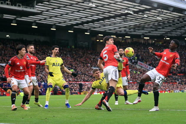 Manchester United, ManU v Tottenham Hotspur 07 February 2026 Manchester - Premier League football - Manchester United v Tottenham Hotspur - Joao Palhinha of Tottenham Hotspur fails to make a decent connection with the ball in the United goal area - (Photo by Simon Stacpoole) Manchester UK Copyright: xSimonxStacpoolexOffside