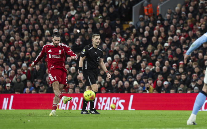 Liverpool v Manchester City, FA Premier League 08.02.26 Liverpool v Manchester City, FA Premier League Bradley Ormesher The Times Dominik Szoboszlai of Liverpool scores and celebrates scoring his teams opening goal 1-0  Copyright: xBradleyxOrmesherx NINTCHDBPICT001057464167