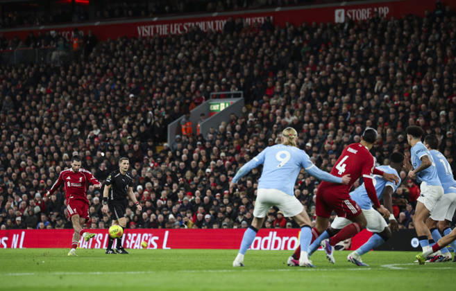 Liverpool v Manchester City, FA Premier League 08.02.26 Liverpool v Manchester City, FA Premier League Bradley Ormesher The Times Dominik Szoboszlai of Liverpool scores and celebrates scoring his teams opening goal 1-0  Copyright: xBradleyxOrmesherx NINTCHDBPICT001057464199