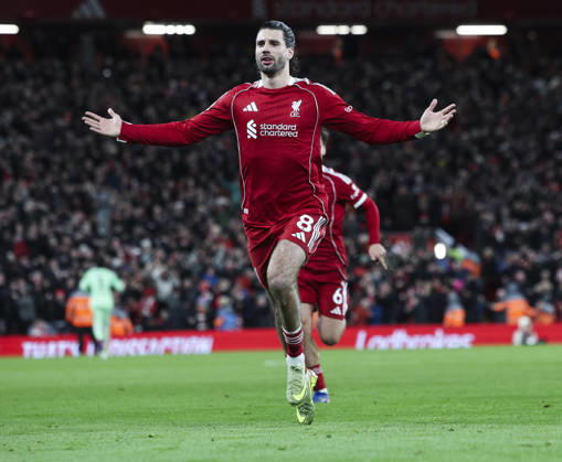 Liverpool v Manchester City, FA Premier League 08.02.26 Liverpool v Manchester City, FA Premier League Bradley Ormesher The Times Dominik Szoboszlai of Liverpool scores and celebrates scoring his teams opening goal 1-0  Copyright: xBradleyxOrmesherx NINTCHDBPICT001057464344
