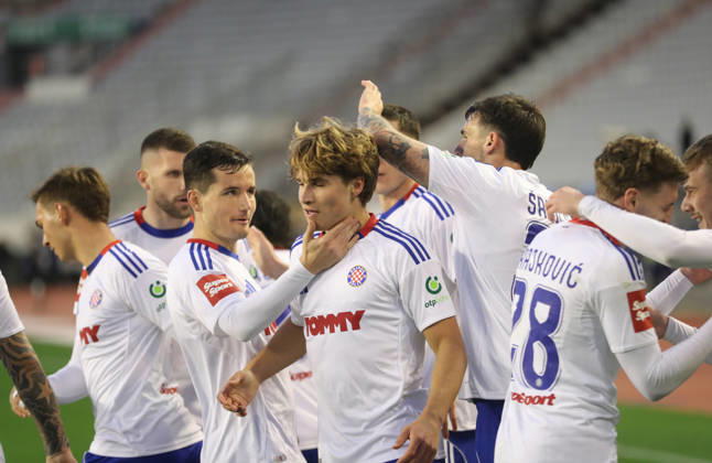 SuperSport HNL, round 18: HNK Hajduk Split v NK Slaven Belupo Players of HNK Hajduk Split celebrate after Rokas Pukstas of HNK Hajduk Split scores for 1:0 during the SuperSport HNL 2025. 2026. round 21 match between HNK Hajduk Split and NK Slaven Belupo at Poljud Stadium in Split, Croatia on February 7, 2026. IvoxCagalj PIXSELL