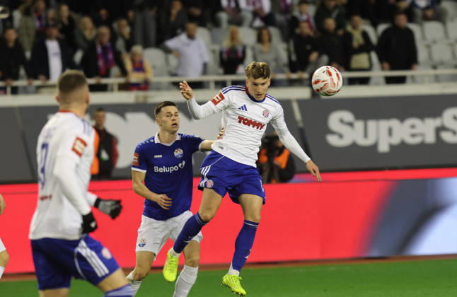 SuperSport HNL, round 18: HNK Hajduk Split v NK Slaven Belupo Antonio Jakir of NK Slaven Belupo and Roko Brajkovic of HNK Hajduk Split during the SuperSport HNL 2025. 2026. round 21 match between HNK Hajduk Split and NK Slaven Belupo at Poljud Stadium in Split, Croatia on February 7, 2026. IvoxCagalj PIXSELL