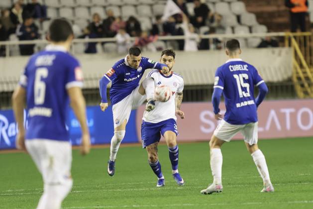 SuperSport HNL, round 18: HNK Hajduk Split v NK Slaven Belupo Ilija Nestorovski of NK Slaven Belupo and Zvonimir Sarlija of HNK Hajduk Split during the SuperSport HNL 2025. 2026. round 21 match between HNK Hajduk Split and NK Slaven Belupo at Poljud Stadium in Split, Croatia on February 7, 2026. IvoxCagalj PIXSELL