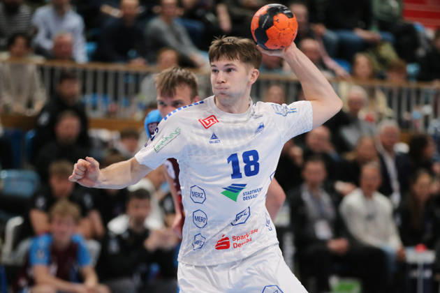 13.02.2026 Handball Herren 2025 2026 2. Handball-Bundesliga 19. Spieltag 1. VfL Potsdam - Dessau-Roßlauer HV 06 MBS Arena Potsdam David Misovych (Dessau, 18, weiß) am Ball. Potsdam Brandenburg Deutschland