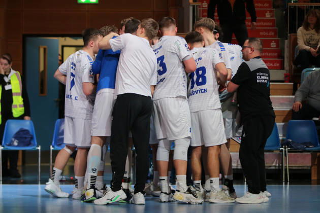 13.02.2026 Handball Herren 2025 2026 2. Handball-Bundesliga 19. Spieltag 1. VfL Potsdam - Dessau-Roßlauer HV 06 MBS Arena Potsdam Der DRHV während einer Auszeit. Potsdam Brandenburg Deutschland