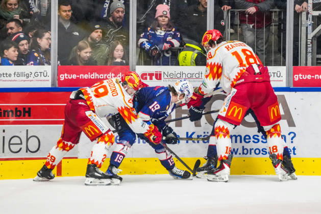 Kampf um den Puck Zweikampf zwischen Nicolas Appendino (ESV Kaufbeuren, 29) und Erik Jinesjoe Karlsson (Ravensburg Towerstars, 19) Rio Kaiser (ESV Kaufbeuren, 18), GER, Ravensburg Towerstars vs. ESV Kaufbeuren, Eishockey, DEL2, Spielzeit 2025 2026, 45 .Spieltag, Hauptrunde, 13.02.26 GER, Ravensburg Towerstars vs. ESV Kaufbeuren, Eishockey, DEL2, Spielzeit 2025 2026, 45 .Spieltag, Hauptrunde, 13.02.26 Ravenburg Copyright: xEibner-Pressefoto MaximilianxRisx EP_MRT