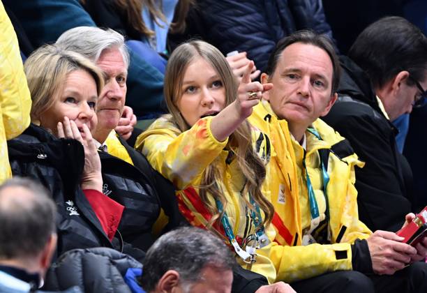 Queen Mathilde of Belgium, King Philippe - Filip of Belgium, Princess Eleonore and BOIC-COIB president Jean-Michel Saive pictured during the quarterfinals of the women s 1500m Short Track Speed skating, Eisschnelllauf at the Milano Cortina 2026 Olympic Winter games, Winterspiele,Spiele, Summer games on Thursday 12 February 2026 in Milan, Italy. The XXV Winter Olympics take place from 6 to 22 February 2026 in Italy. JASPERxJACOBS x164354389x