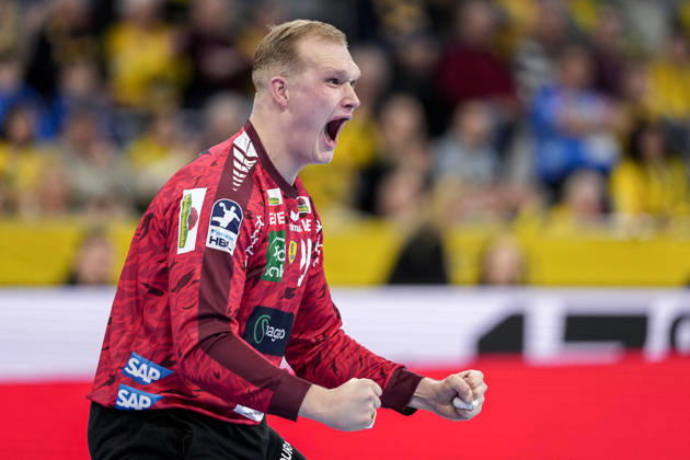 David Späth (Torwart, RNL, 29), Einzelbild, Einzelfoto, Aktion, Action, Jubel, jubeln, jubelt, celebration, Freude, freuen, freut sich, zuversichtlich, optimistisch, positiv, Spielszene, 20.02.2026, Mannheim (Deutschland), Handball, Bundesliga, Rhein-Neckar Löwen - TBV Lemgo Lippe