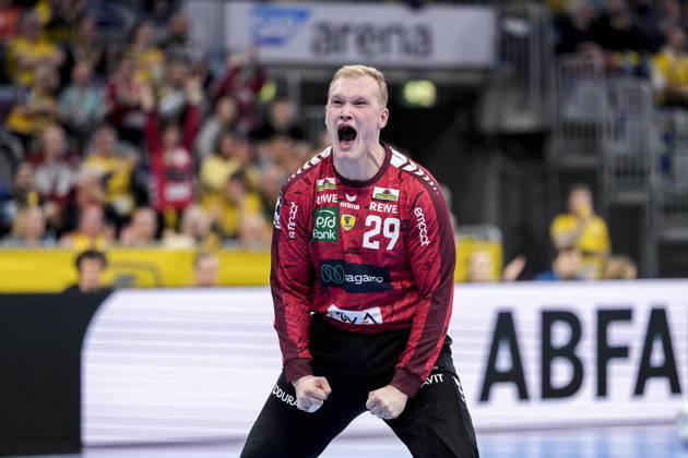 David Späth (Torwart, RNL, 29), Spieler der Rhein-Neckar-Löwen, Einzelbild, Einzelfoto, Aktion, Action, Jubel, jubeln, jubelt, celebration, Freude, freuen, freut sich, zuversichtlich, optimistisch, positiv, Spielszene, 20.02.2026, Mannheim (Deutschland), Handball, Bundesliga, Rhein-Neckar Löwen - TBV Lemgo Lippe