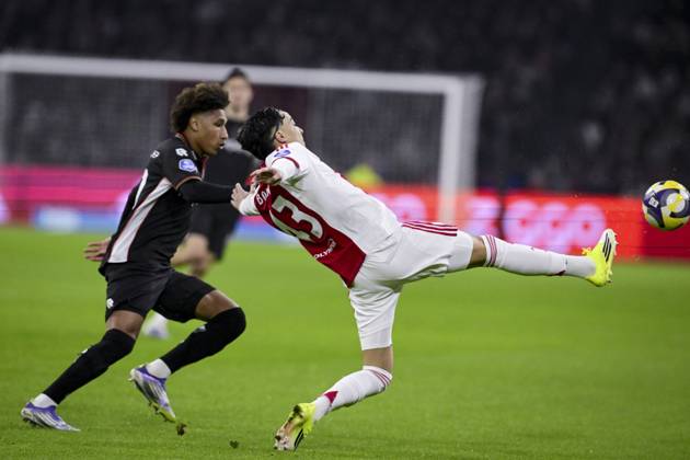AMSTERDAM (l-r) Noà Lebreton of NEC Nijmegen and Rayane Bounida of AFC Ajax during the Dutch Eredivisie match between AFC Ajax and NEC at the Johan Cruijff ArenA on February 21, 2026, in Amsterdam, Netherlands. OLAF KRAAK ANP Eredivisie 2025-2026 xVIxANPxSportx xxANPxIVx 551394995 originalFilename: 551394995