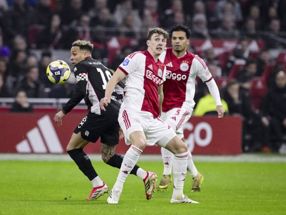 AMSTERDAM (l-r) Tjaronn Chery of NEC Nijmegen, Youri Baas of AFC Ajax, and Owen Wijndal of AFC Ajax during the Dutch Eredivisie match between AFC Ajax and NEC at the Johan Cruijff ArenA on February 21, 2026, in Amsterdam, Netherlands. OLAF KRAAK ANP Eredivisie 2025-2026 xVIxANPxSportx xxANPxIVx 551395628 originalFilename: 551395628