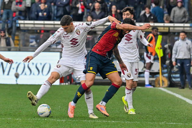 GenoaÕs Mikael Ellertsson fights for the ball during the Serie A soccer match between Genoa and Torino at the Luigi Ferraris Stadium in Genoa, Italy - Sunday, February 22, 2026. - Soccer . Copyright: xTanoxPecoraro LaPressex