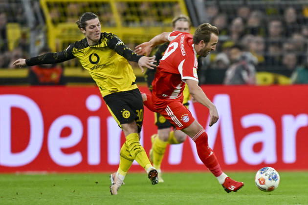 v. li. im Zweikampf Marcel Sabitzer (Dortmund 20) Harry Kane (Muenchen 9) 28.02.2026 ¢ Fussball ¢ Borussia Dortmund vs FC Bayern Muenchen , Signal Iduna Park, Dortmund, DFB DFL REGULATIONS PROHIBIT ANY USE OF PHOTOGRAPHS AS IMAGE SEQUENCES AND OR QUASI-VIDEO