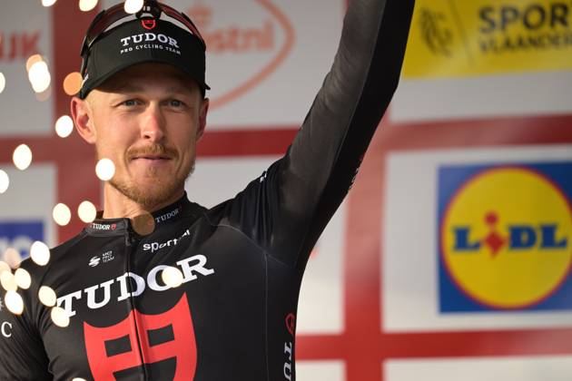 Italy s Matteo Trentin of Tudor Pro Cycling Team celebrates his third place on the podium of the 78th edition of the men elite race of the Kuurne-Brussels-Kuurne one day cycling race, 195 km from Kuurne to Kuurne via Brussels, Sunday 01 March 2026. DAVIDxPINTENS x166108764x